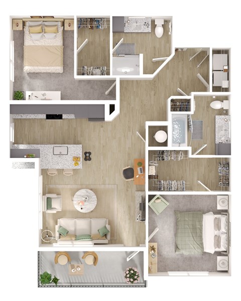 A top-down view of a house layout with a kitchen, living room, dining area, and bedrooms.